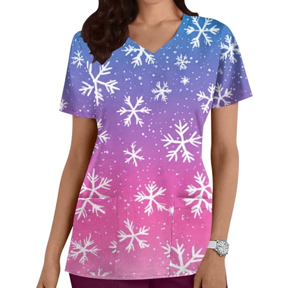 Women Christmas Scrub Tops Stretchy V-Neck Short Sleeve Cute Print Working Uniform Pull-On Tops with Pockets, XL