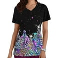 thumbnail image 1 of Women Christmas Scrub Tops Stretchy V-Neck Short Sleeve Cute Print Working Uniform Pull-On Tops with Pockets, XXL, 1 of 5