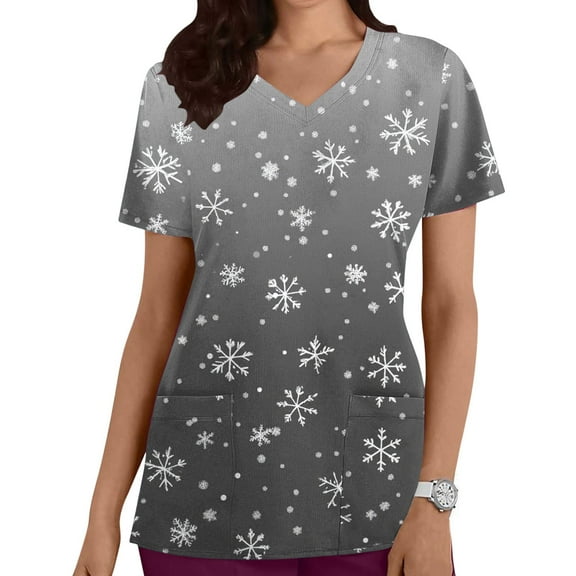 Women Christmas Scrub Tops Stretchy V-Neck Short Sleeve Cute Print Working Uniform Pull-On Tops with Pockets, XXL