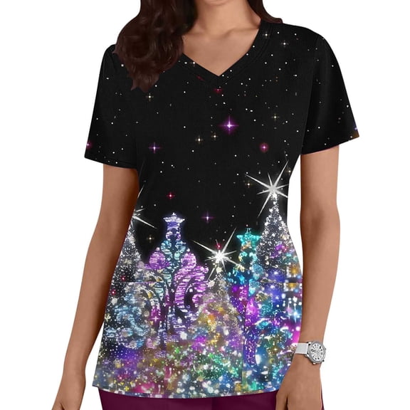 Women Christmas Scrub Tops Stretchy V-Neck Short Sleeve Cute Print Working Uniform Pull-On Tops with Pockets, XXXL