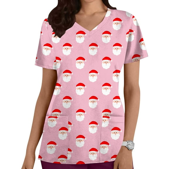 Women Christmas Scrub Tops Stretchy V-Neck Short Sleeve Cute Print Working Uniform Pull-On Tops with Pockets, XXXL