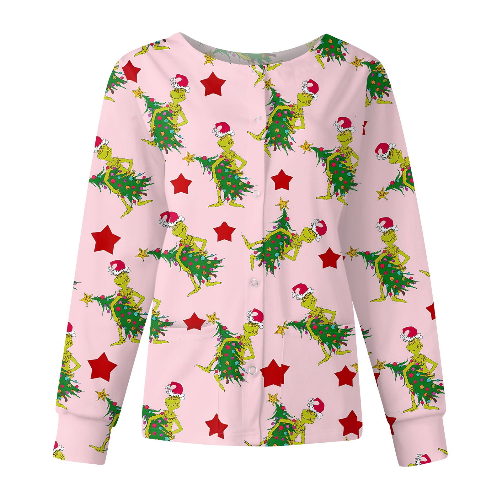 Women Christmas Scrubs Jacket Long Sleeve Snap Front Nurse Workwear  Uniforms Xmas Print Medical Shirt with Pockets Light Pink 5X-Large, image size:1600x1600