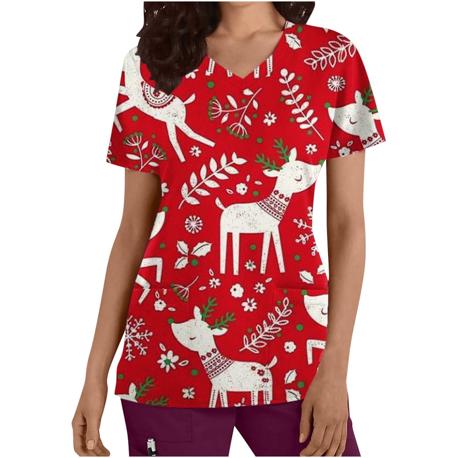Women Christmas Scrubs Tops with Pockets Short Sleeve V Neck Printed