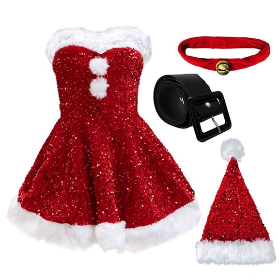 Women Christmas Sequin Mini Dress Strapless Fuzzy Patchwork Santa Costume Sparkly Short Dress with Belt Hat 4pc Outfits M