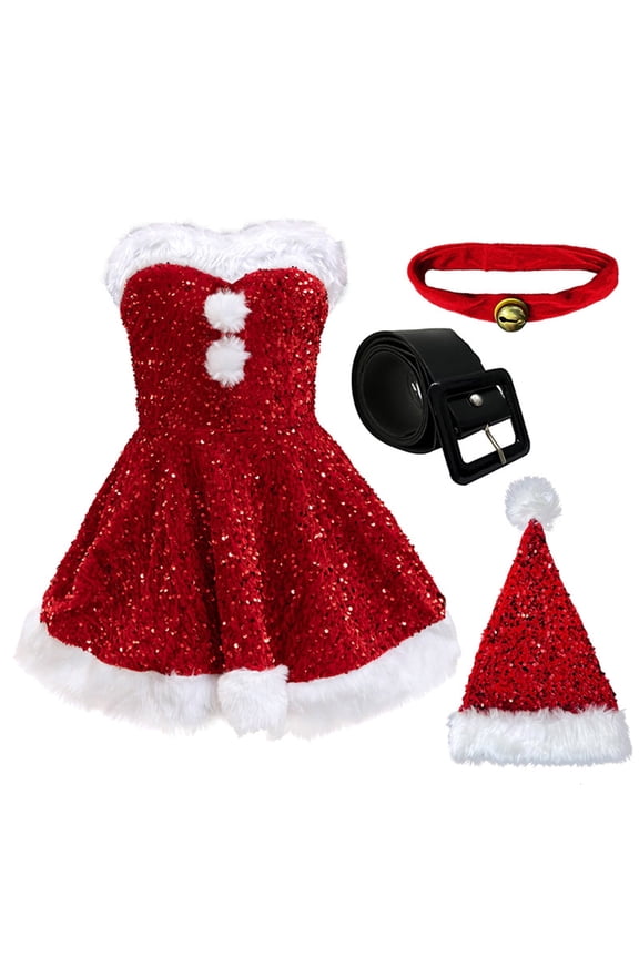 Women Christmas Sequin Mini Dress Strapless Fuzzy Patchwork Santa Costume Sparkly Short Dress with Belt Hat 4pc Outfits S