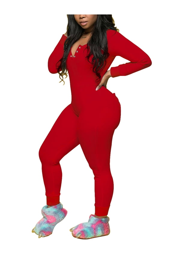 Women Christmas Sexy Butt Button Back Flap Jumpsuit V Neck Long Sleeve Romper Bodycon Pajamas One Piece Bodysuit