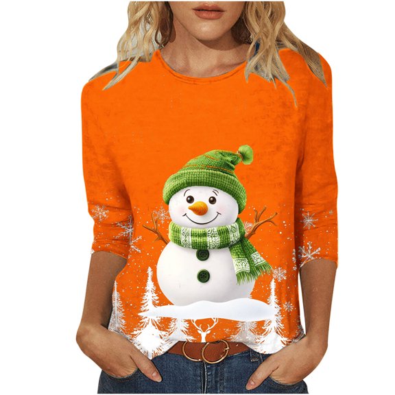 Women Christmas Shirts Fashion Round Neck Three-quarter Sleeve T-Shirt Cute Christmas Snowman Print Round Neck Pullover Top Long Sleeve Crew Neck 3/4 Sleeve Blouses
