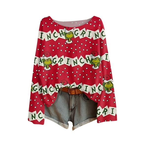 Women Christmas Shirts Loose Soft Long Sleeve Tops Wine Small