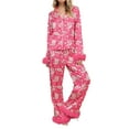 thumbnail image 1 of Women Christmas Silk Pajamas Lounge Set Print Button Down Fur Trim Shirts Tops Pants Set 2pcs Sleep Loungewear Outfits, 1 of 7