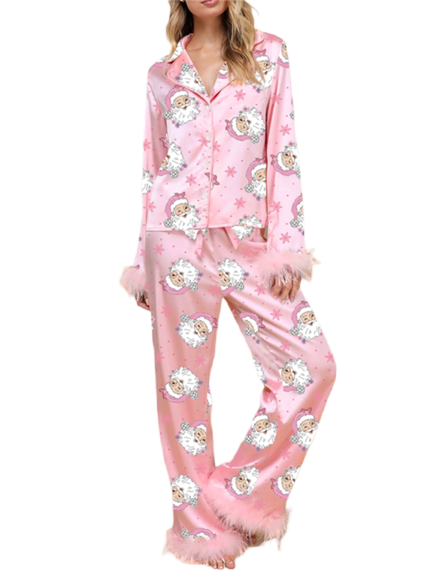 Women Christmas Silk Pajamas Lounge Set Print Button Down Fur Trim Shirts Tops Pants Set 2pcs Sleep Loungewear Outfits