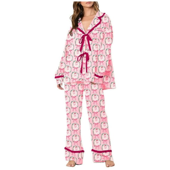 Women Christmas Silk Pajamas Xmas 2 Piece Cute Printing Bow Tie Long Sleeve Button Shirts with Trousers Loungewear