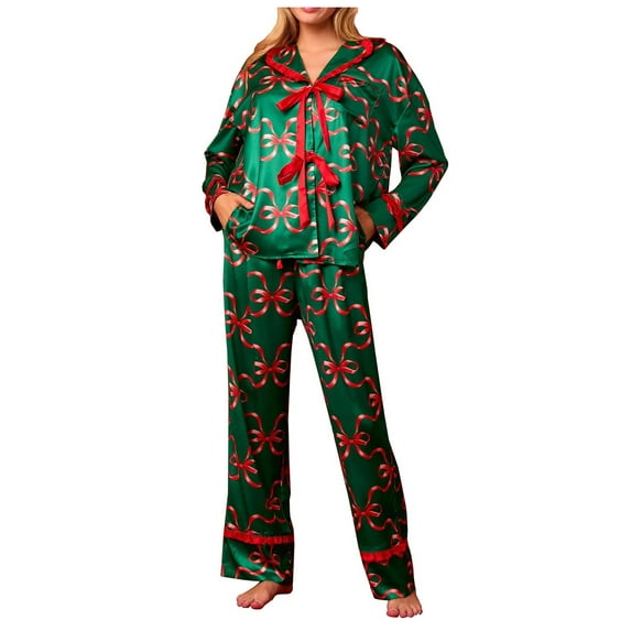 Women Christmas Silk Pajamas Xmas 2 Piece Cute Printing Bow Tie Long Sleeve Button Shirts with Trousers Loungewear