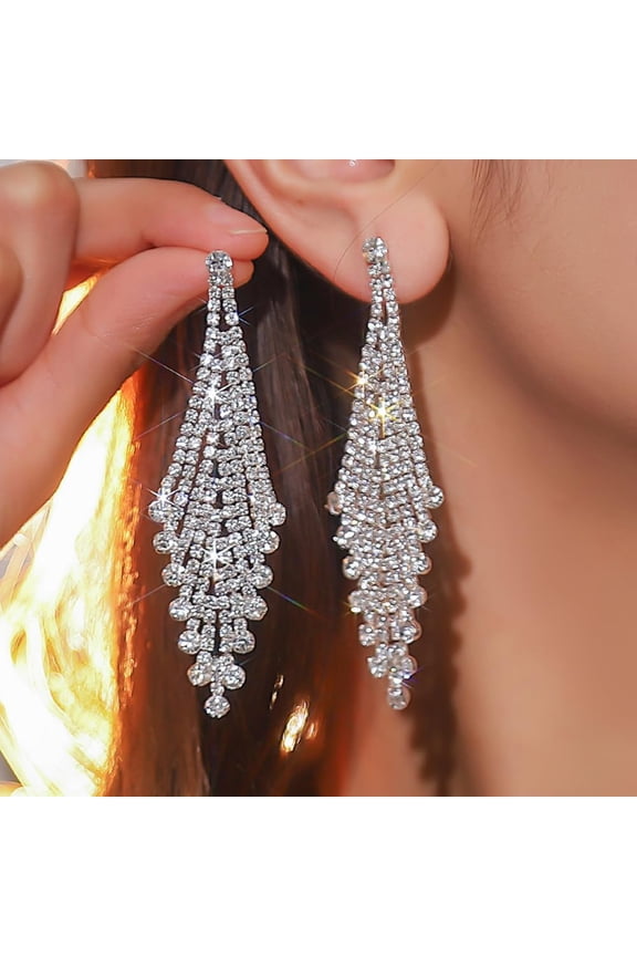 Women Christmas Silver Rhinestone Earrings Dangling for Women Chandelier Statement Tassel Earrings Sparkly Drop Crystal Earrings Long Dangle Earrings for Women