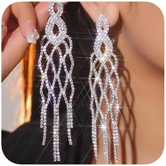 Women Christmas Silver Rhinestone Earrings Dangling for Women Wedding Chandelier Statement Tassel Earrings Sparkly Drop Crystal Earrings Long Dangle Earrings for Women