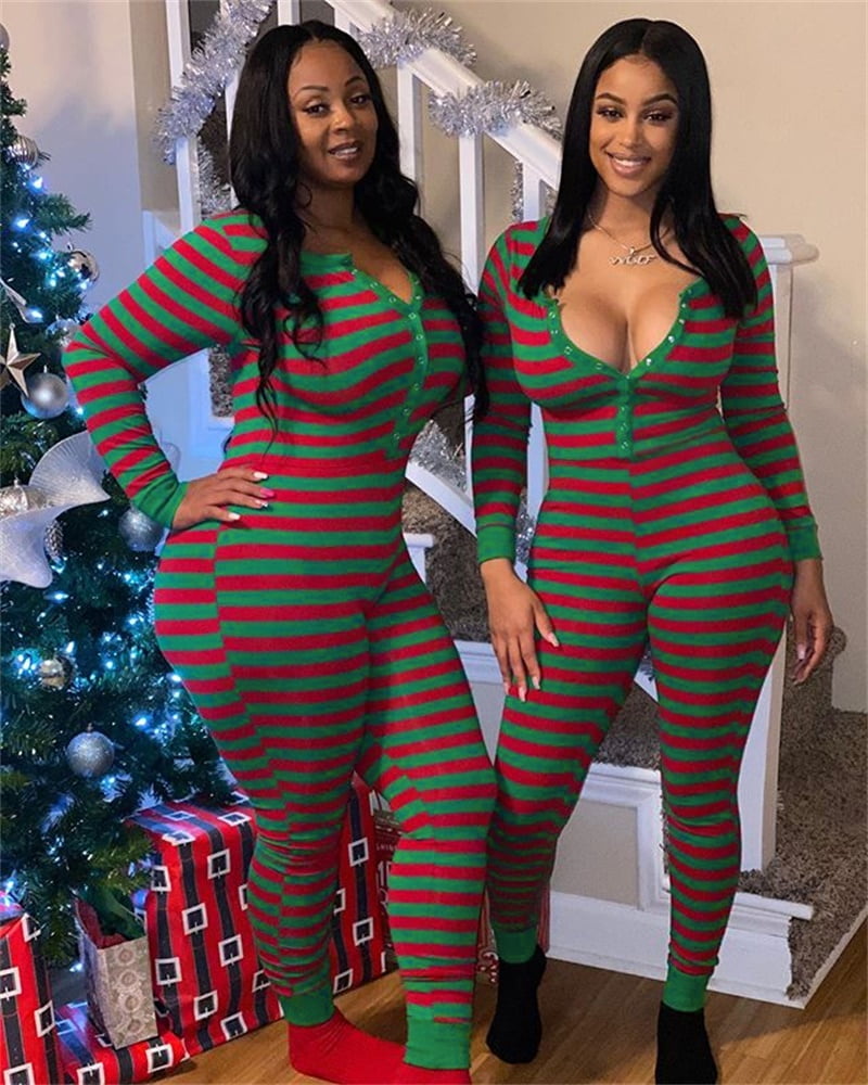 Women Christmas Sleep Long Sleeve Striped Pajama Set Ladies Slim