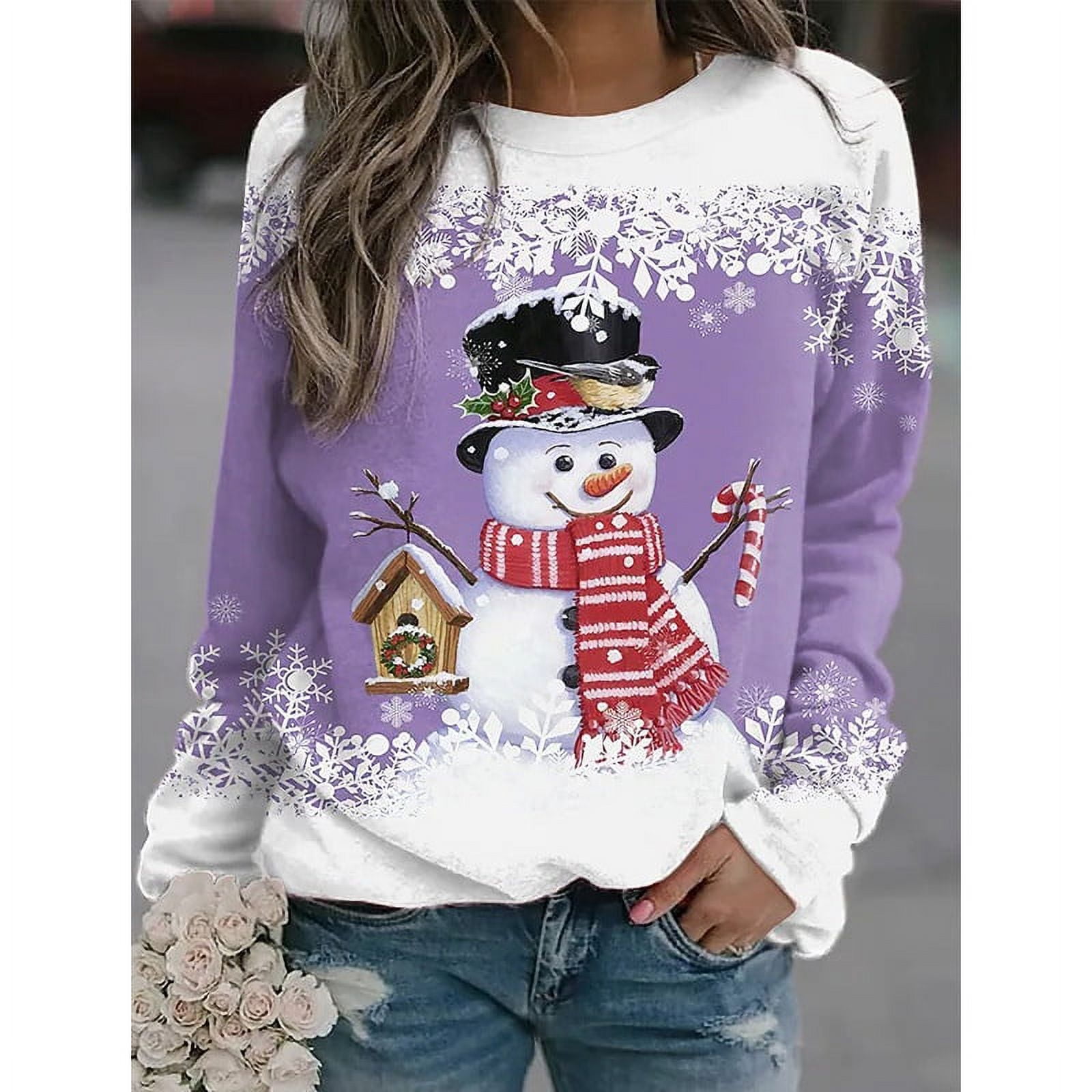 Women Christmas Snowman Print Blouse T Shirt Ladies Xmas Pullover Tops Plus  Size