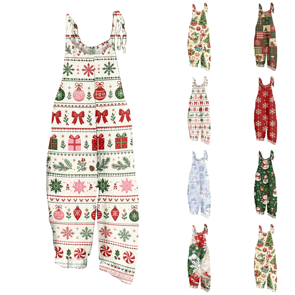 Women Christmas Snowman Sleeveless Jumpsuit, Casual Wide Leg Adjustable Strap Overalls