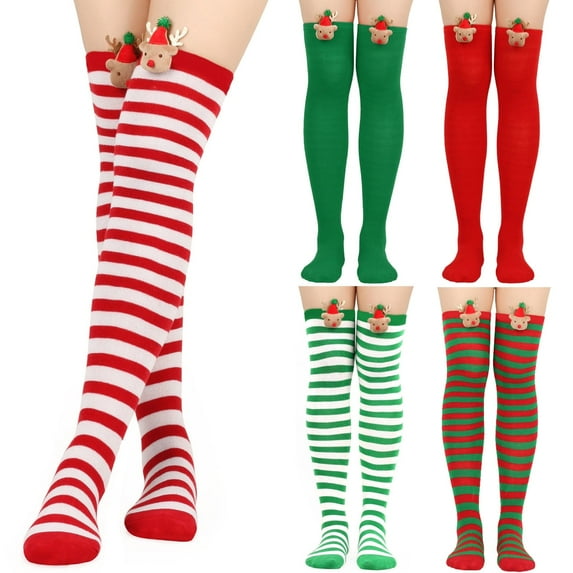 Women Christmas Striped Over Knee Socks Thigh High Stockings Red