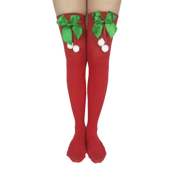 Women Christmas Striped Thigh High Stockings with Santa Claus Bow Over Knee Sock