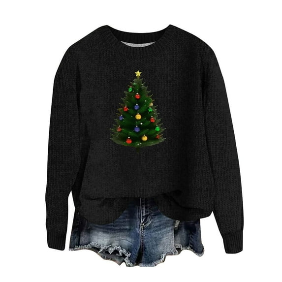 Women Christmas Sweater - Trendy Sweaters, Women's Xmas Sweaters Christmas Tree Print Sweater Round Neck Long Sleeve Pullover Sweater Tops