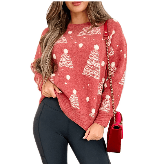 Women Christmas Sweater Vintage Long Sleeve Crew Neck Knitted Pullover Sweater Winter Jumper Tops