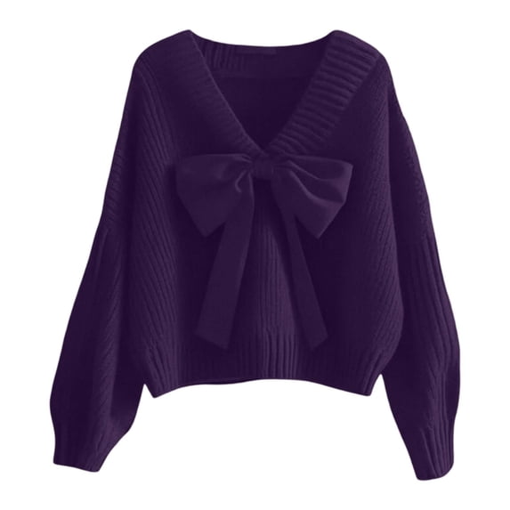 Women Christmas Sweaters Novelty Valentine Day Cute Bow Tie V Neck Solid Knitted Tops Long Sleeve Holiday Casual Warm Blouses