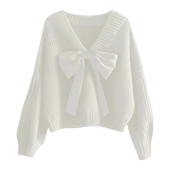 Women Christmas Sweaters Novelty Valentine Day Cute Bow Tie V Neck Solid Knitted Tops Long Sleeve Holiday Casual Warm Blouses
