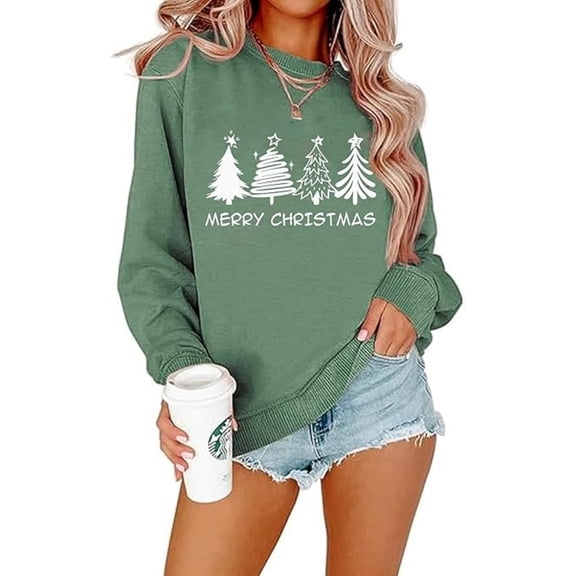 Women Christmas Sweatshirt Christmas Tree Graphic Long Sleeve Shirt Xmas Holiday Pullover Top