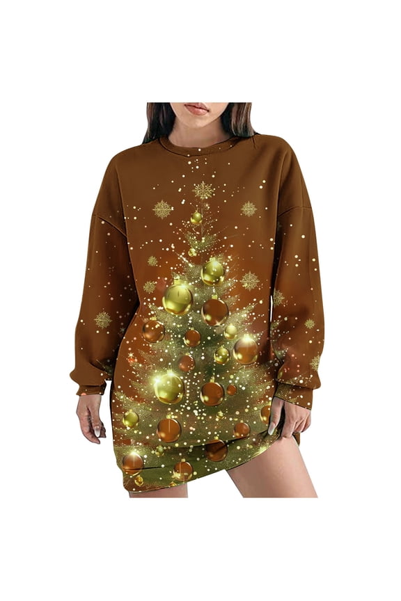 Women Christmas Sweatshirt Dress 2024 New Christmas Colorful Gloss Tree Print Dresses Long Sleeve Round Neck Mid-Length Pullover Funny Party Sweater Dress