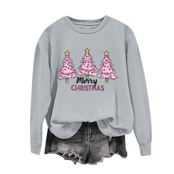 Women Christmas Sweatshirt Long Sleeve Vintage Vacation Top Holiday Casual Winter Tops Loose Xmas Tree Funny Blouse Trendy Crew Neck Shirt 2025