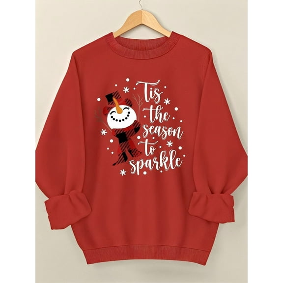 Women Christmas Sweatshirt Snowman Graphic Casual Crew Neck Long Sleeve Red Top
