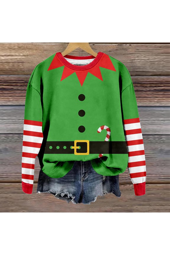 Women Christmas Sweatshirt Womens Christmas Elf Sweatshirt Long Sleeve Graphic Womens Holiday Sweatshirt Womens Christmas Tops