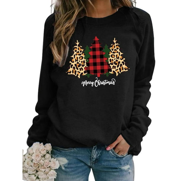 Women Christmas Sweatshirt Xmas Tree Print Sweater Holiday Graphic ...