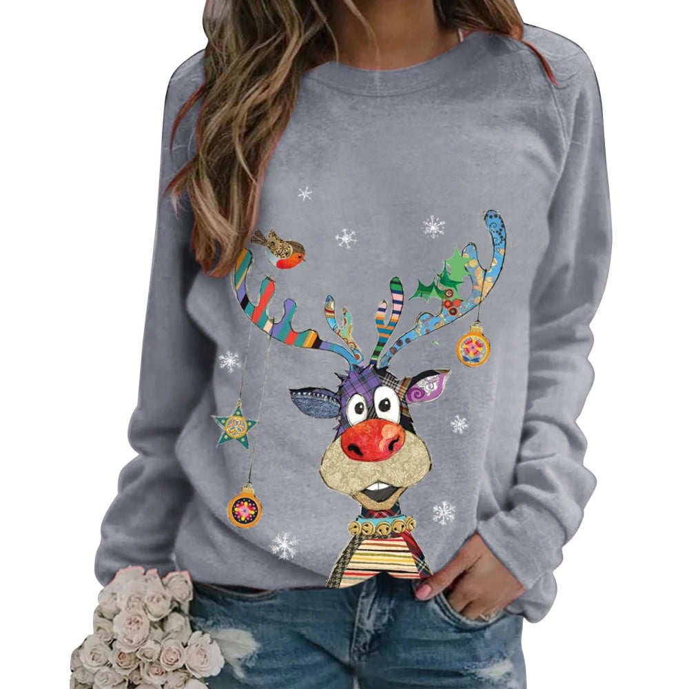 Women Christmas Sweatshirts Funny Xmas Reindeer Print Long Sleeve