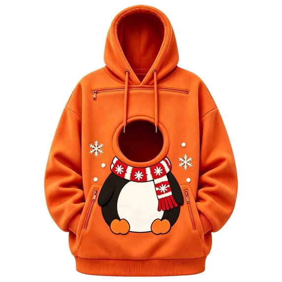 Women Christmas Sweatshirts Pet Pouch Hoodie Drop Shoulde Kangaroo Xmas Cartoon Graphic Carry Sweatshirt With Front Pet Carrier Pocket Orange L