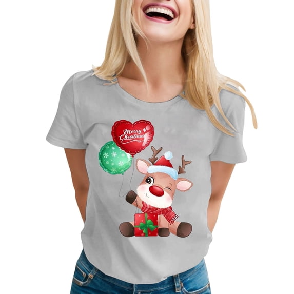 Women Christmas T Shirts Funny Cute Xmas Deer Print Round Neck Short Sleeve Tee Tops Trendy Casual Holiday Pullover Blouses