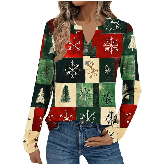 Women Christmas T-Shirts Snowman Snowflakes Xmas Printed V Neck Graphic Tee Long Sleeve Loose Holiday Tops (XL, Green 01)