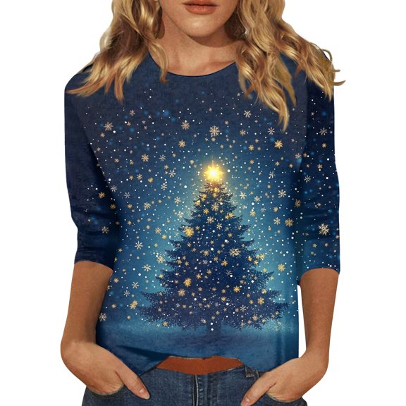 Women Christmas Top - Crewneck 3/4 Sleeve Christmas Tree Women Tops 00E Blue