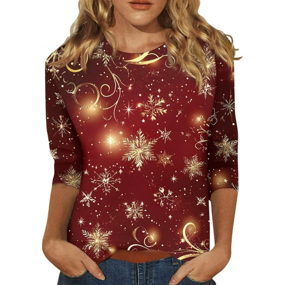 Women Christmas Tops - Crewneck 3/4 Sleeve Christmas Snowflake Women Tops 00F Red
