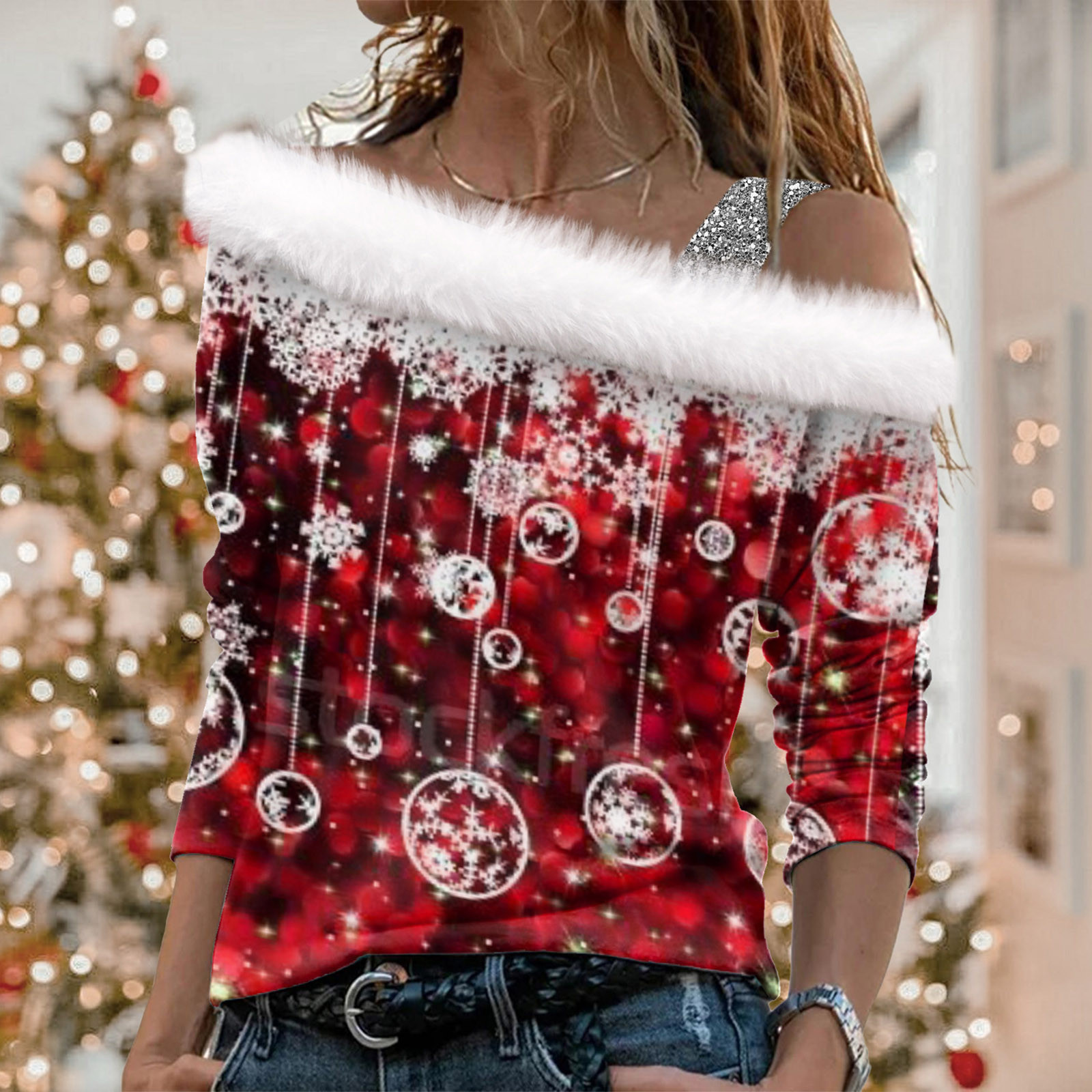 Women Christmas Tops Funny,Women's Sexy Xmas Plush Off Shoulder Tops