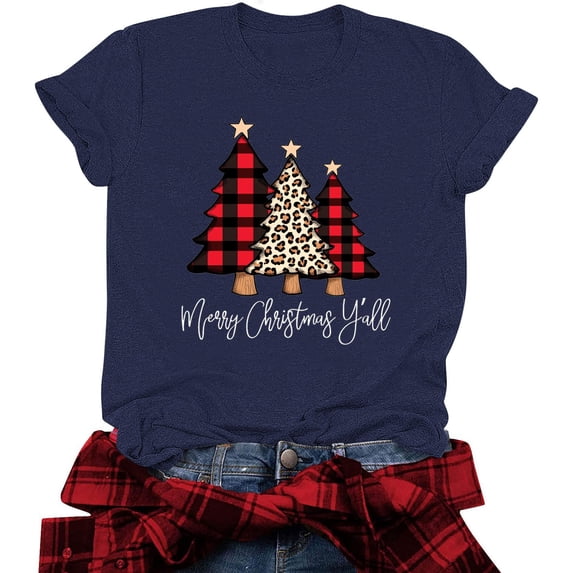 Women Christmas Tops Short Sleeve Crew Neck Holiday Basic Tee Shirts Loose Fit Xmas Tree Print Festive Outfit (S, Navy)