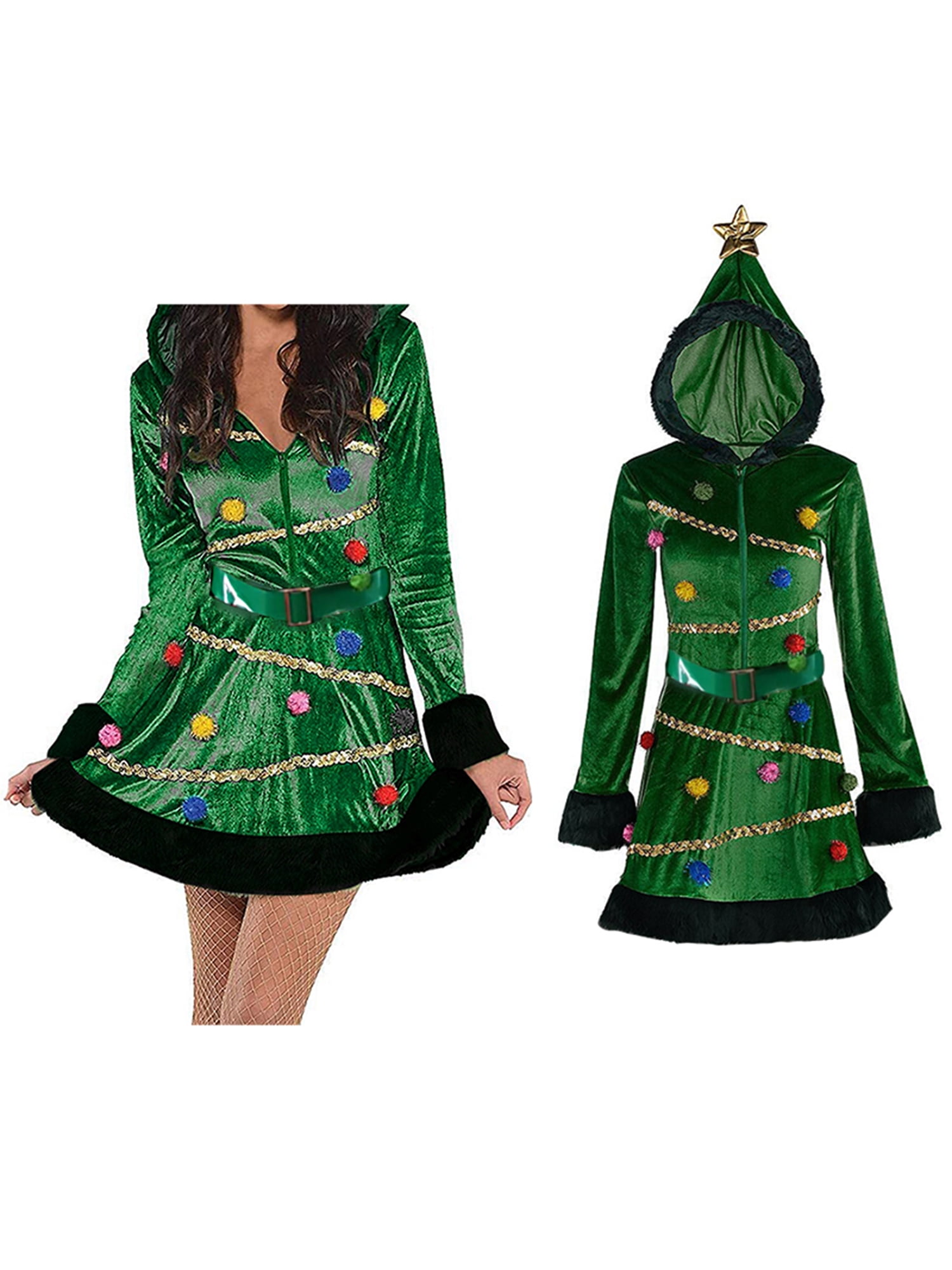 Women Christmas Tree Fancy Costume Hooded Sequin Plush Trim Velvet Mini  Dress with Belt Outfit - Walmart.com