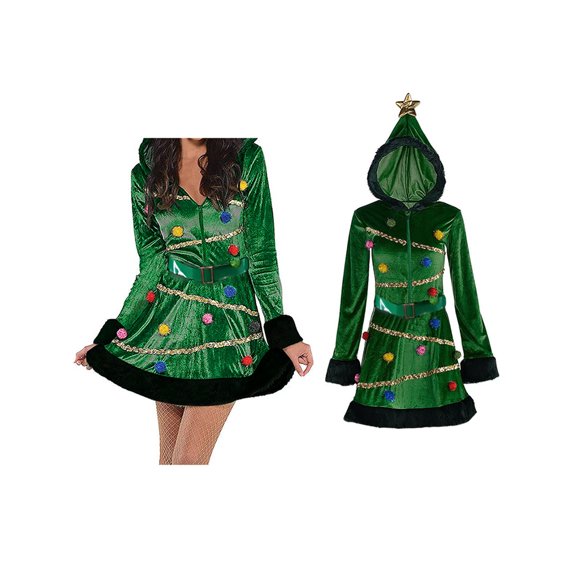 Women Christmas Tree Fancy Costume Hooded Sequin Plush Trim Velvet Mini Dress with Belt Outfit