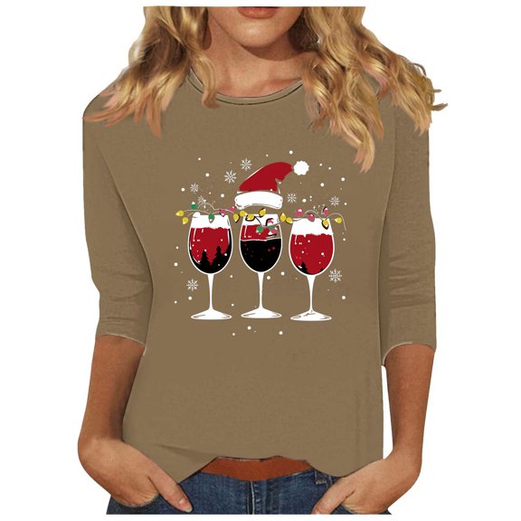 Women Christmas Tree Printed Tshirts Cropped Sweatshirts Fall Cotton Pullover Sweaters Crewneck Sweatshirt Fall 3/4 Sleeve Shirts Casual