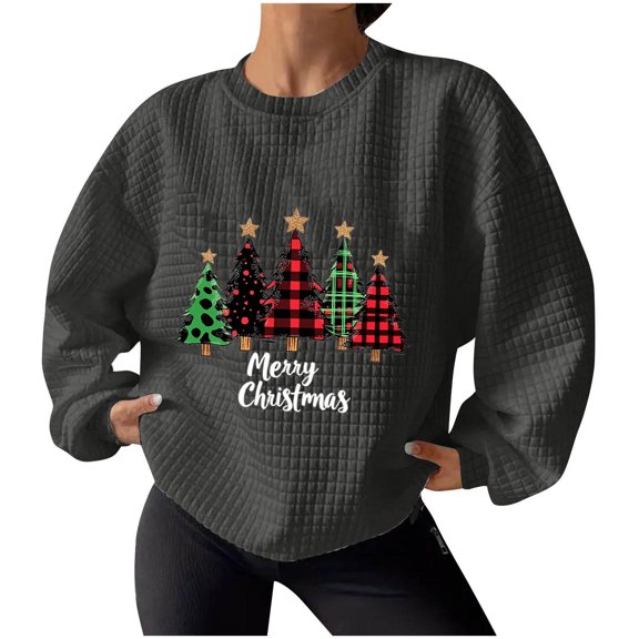 Women Christmas Tree Printed Tshirts Fall Sweatshirts Plus Size Fall Sweaters Cropped Zippered Sweatshirts Long Sleeve Cotton