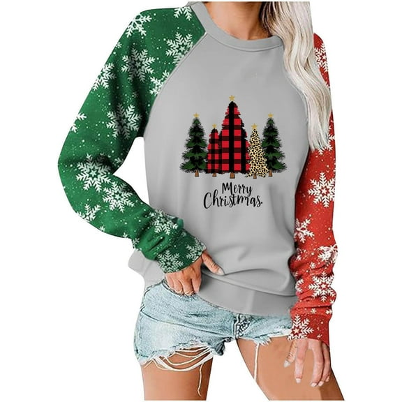 Women Christmas Tree Printed Tshirts Oversized Sweatshirt Graphic Long Sweaters Leggings Oversized Sweatshirt Dress Long Sleeve