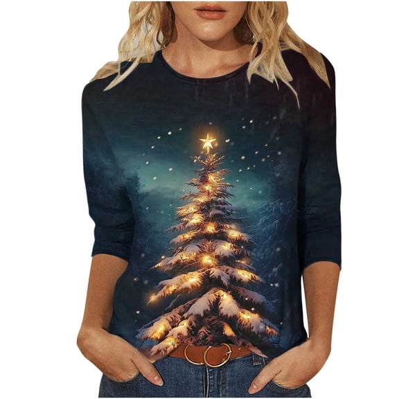 Women Christmas Tree Printed Tshirts Oversized Sweatshirt With Pockets Cotton Pullover Sweaters Fall Tops Dressy Casual 3/4 Sleeve Tops Dressy