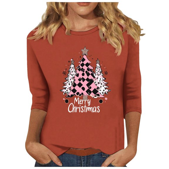 Women Christmas Tree Printed Tshirts Striped Sweatshirt Plus Size Cardigan Sweaters White Fall Tops 3/4 Sleeve Tops Casual