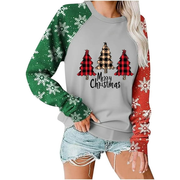 Women Christmas Tree Printed Tshirts Sweatshirts Graphic Cute Fall Sweaters Zippered Sweatshirts Long Sleeve Shirts Dressy