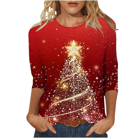 Women Christmas Tree Printed Tshirts Sweatshirts Long Sweaters Xs Off The Shoulder Sweatshirt Cropped 3/4 Sleeve Tops Dressy Casual